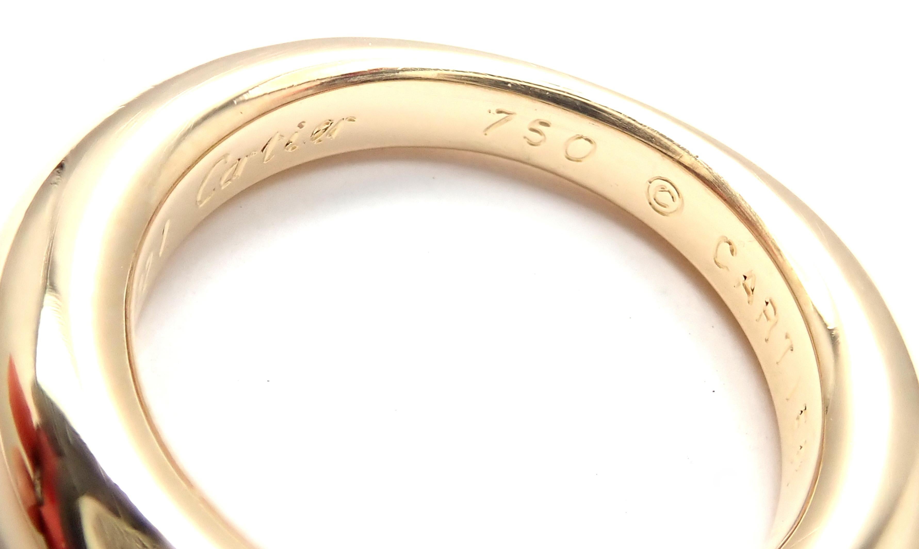 18k Yellow Gold Ellipse Ruby Band Ring by Cartier.
With 1 oval-shaped beautiful ruby 5mm x 4mm.
This ring comes with certificate of authenticity.
Details:
Width: 4mm
Weight: 8.9 grams
Ring Size: European 50, US 5 1/4
Stamped Hallmarks: Cartier 750