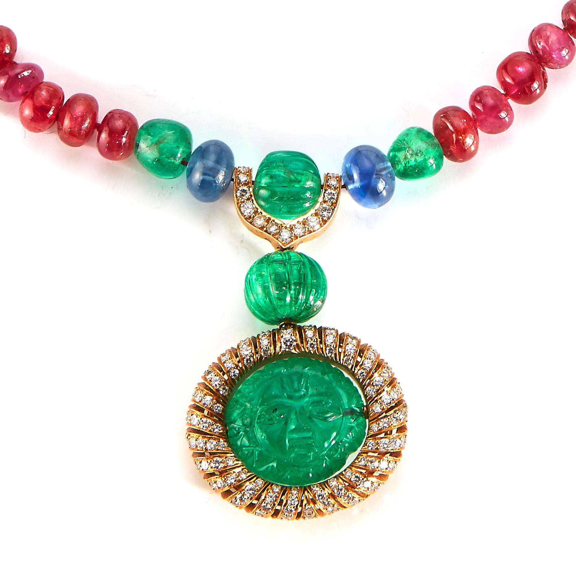 Estate Jewelry Curated by Parulina presents this magnificent Cartier Ruby and Emerald Necklace with Diamond and Blue Sapphires. Stunning detail to the center Emerald that is surrounded by approximately 2.50ct of Diamonds.
17 inches in length

Metal: