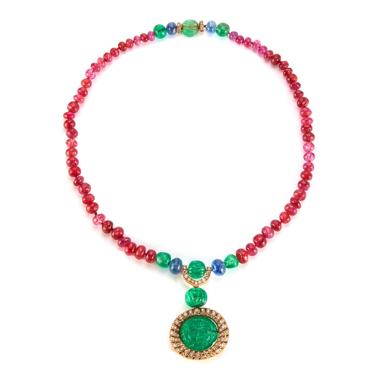 Women's or Men's Cartier Ruby & Emerald Necklace For Sale