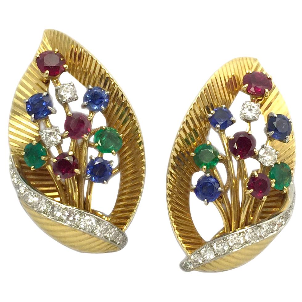 Cartier Ruby Emerald Sapphire Gold Leaf Ear Clips