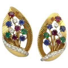 Retro Cartier Ruby Emerald Sapphire Gold Leaf Ear Clips