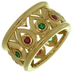 Cartier Ruby Emerald Yellow Gold Wide Band Ring Sz 6