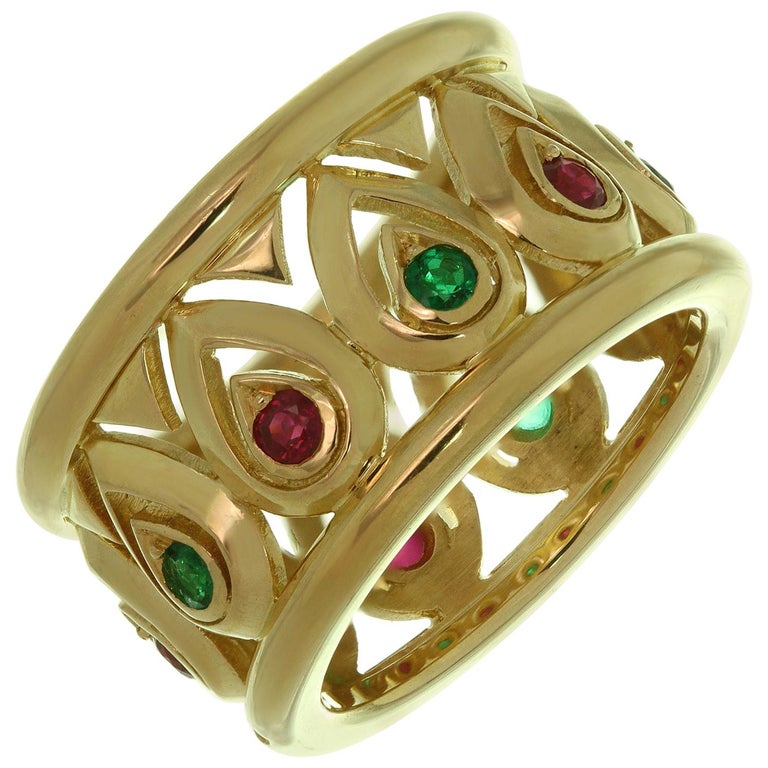 Cartier Ruby Emerald Yellow Gold Wide Band Ring Sz 6 For Sale