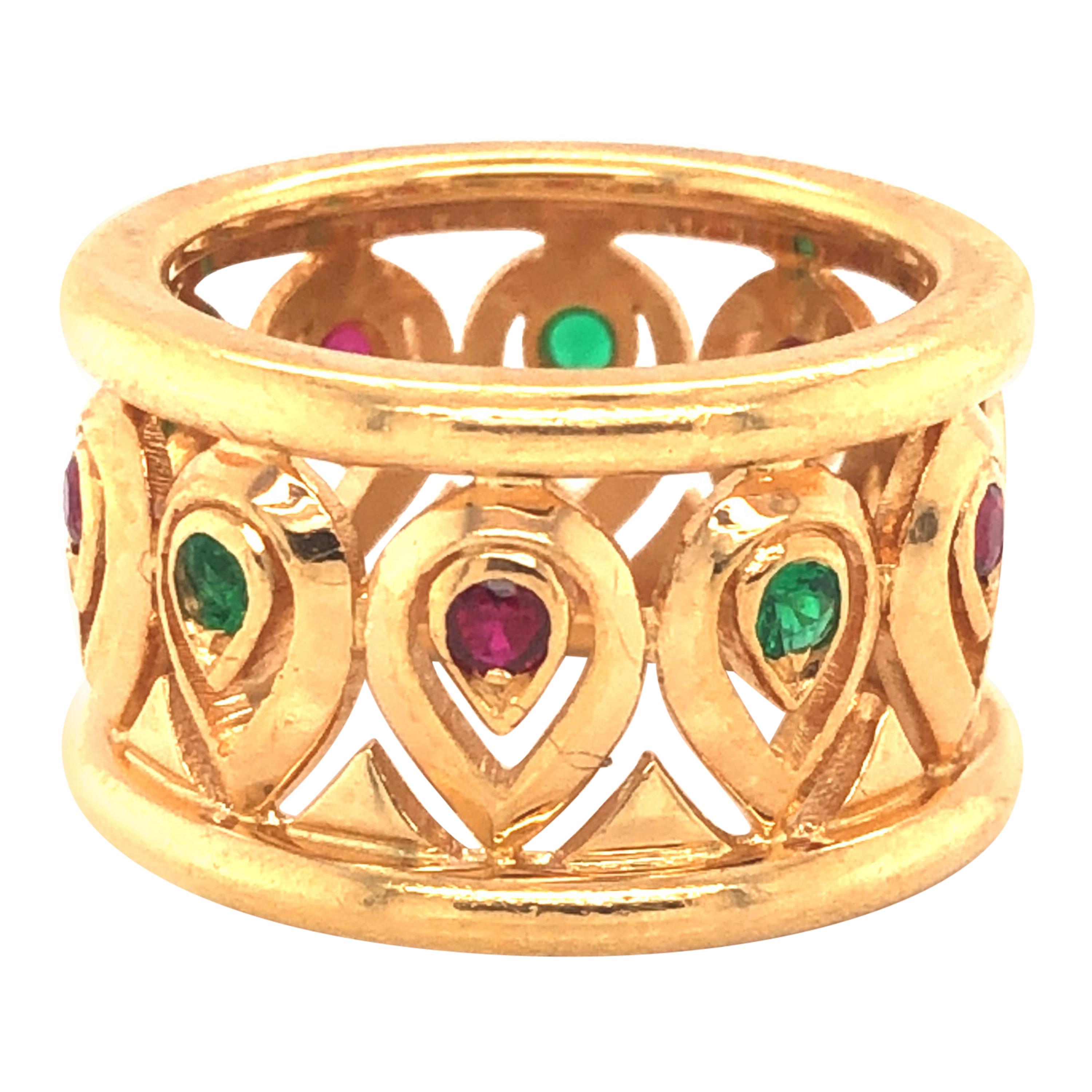 Cartier Ruby Emerald Yellow Gold Wide Band Ring