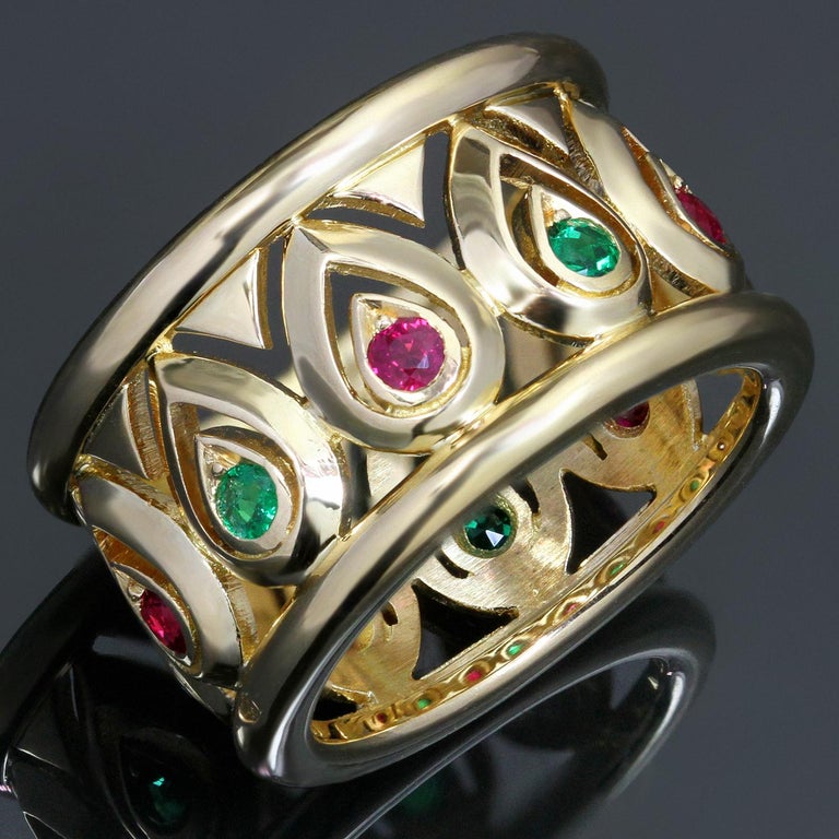 Cartier Ruby Emerald Yellow Gold Wide Band Ring Sz 6 In Excellent Condition For Sale In New York, NY