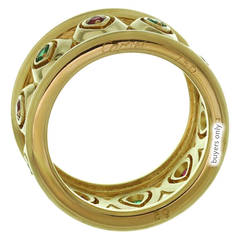 Women's Cartier Ruby Emerald Yellow Gold Wide Band Ring Sz 6 For Sale