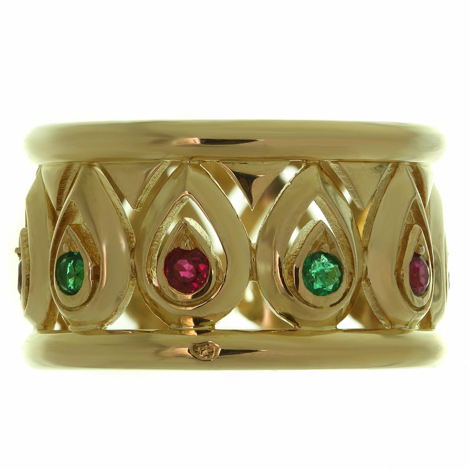Cartier Ruby Emerald Yellow Gold Wide Band Ring Sz 6 For Sale 1