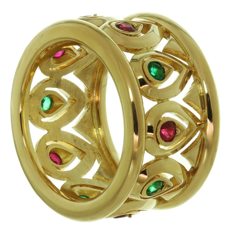 Cartier Ruby Emerald Yellow Gold Wide Band Ring Sz 6 For Sale 2