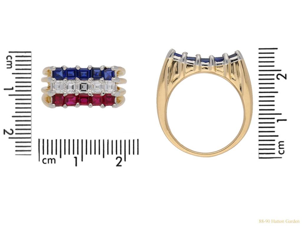 Emerald Cut Cartier Ruby, Sapphire and Diamond Cocktail Ring, French, circa 1976 For Sale