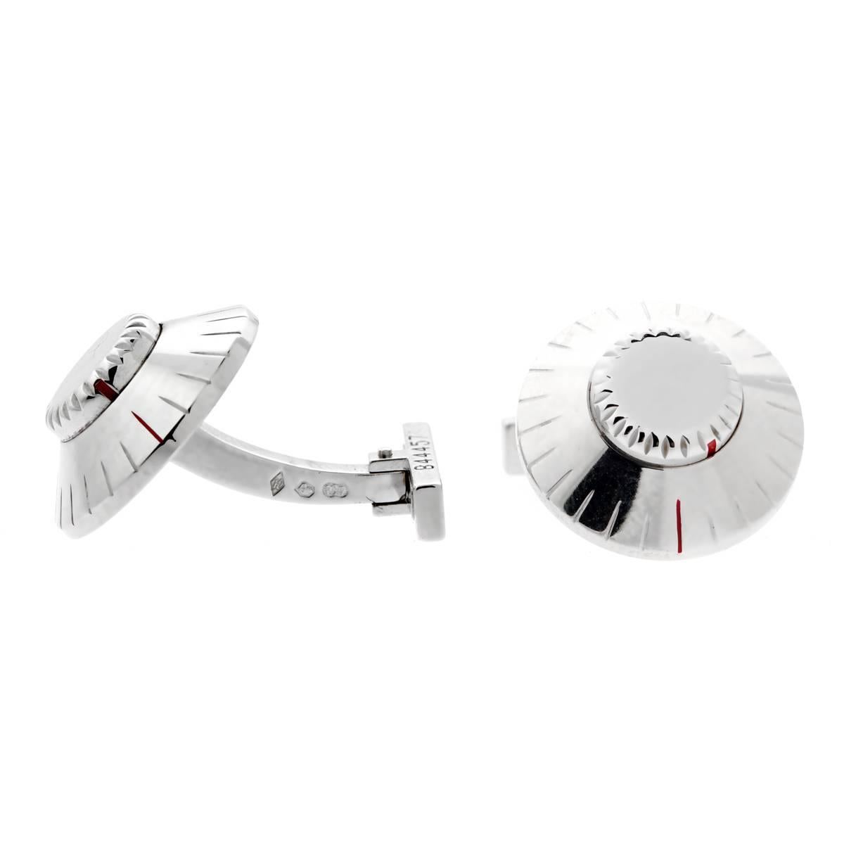 A pair of Cartier cufflinks in a safe combination motif featuring a rotating center station crafted in 18k white gold.

Sku:872