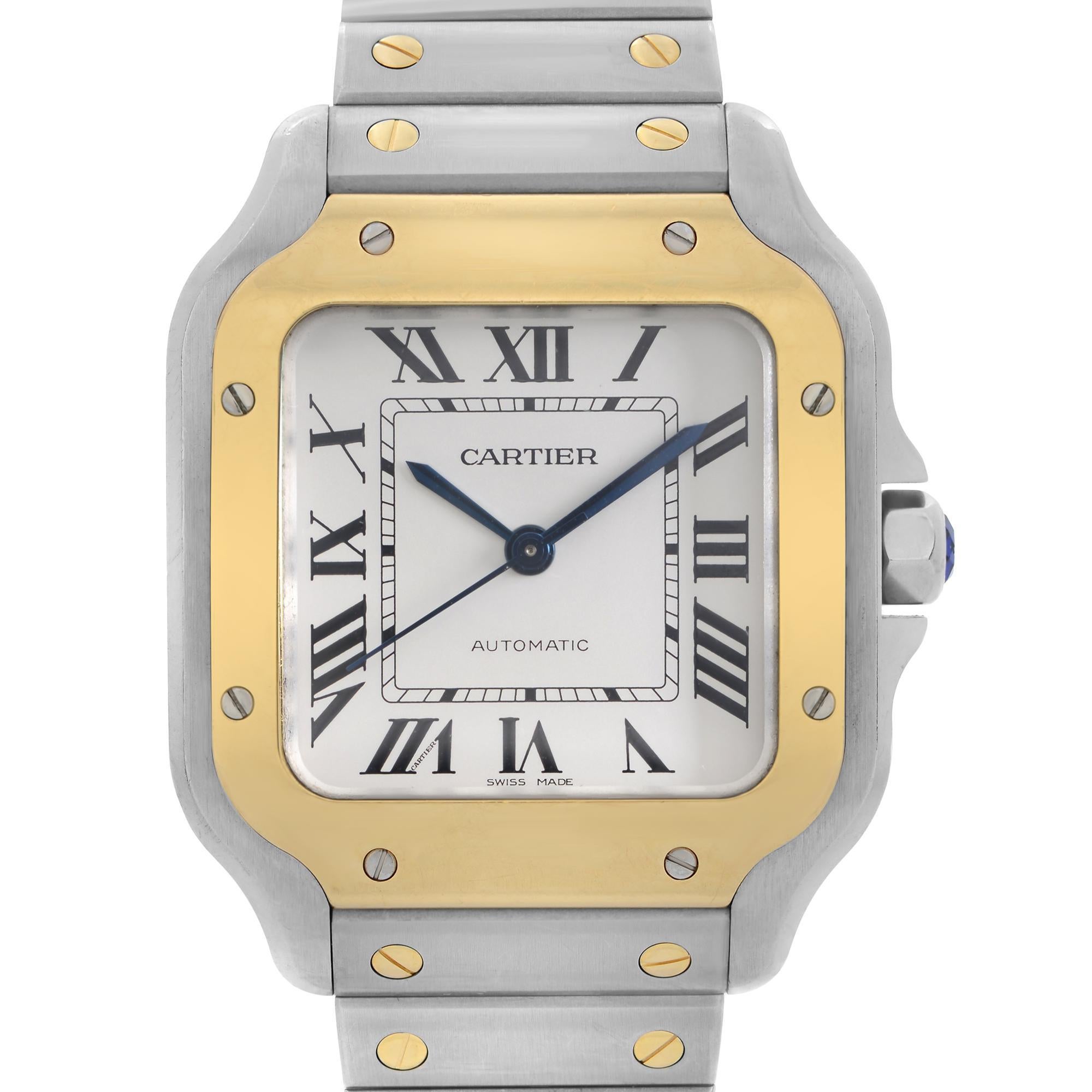 Pre-owned Cartier Santo 35mm 18k Gold Steel White Dial Automatic Men's Watch W2SA0016. This Beautiful Mens Timepiece is Powered By a Mechanical (Automatic0 Movement and Features: Staginess Steel Case with a Stainless Steel Bracelet That Has 2 18k