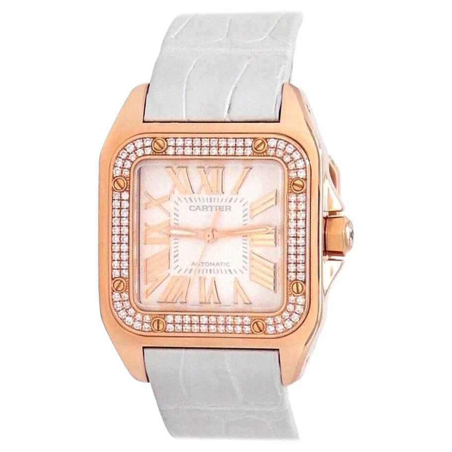 Cartier Santos 100 18k Rose Gold Diamond Bezel Automatic Ladies Watch WM50450M For Sale
