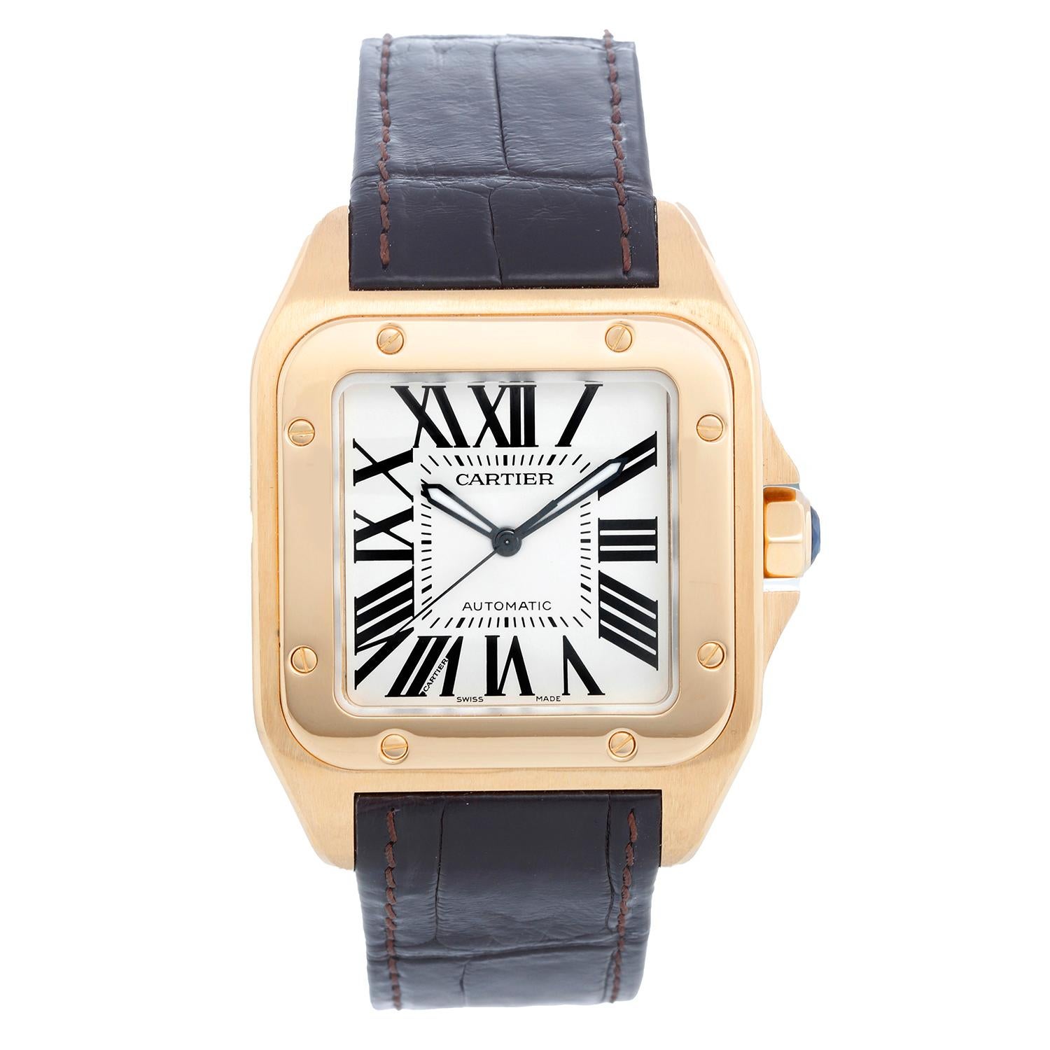 Cartier Santos 100 18K Yellow Gold Men's Watch Ref 2657 W20071Y1 -  Automatic winding . 18K Yellow gold  ( 39 x 51 mm). White dial with Roman numerals . Brown Cartier Bracelet with Cartier deployant clasp . Pre-owned with Cartier Box.