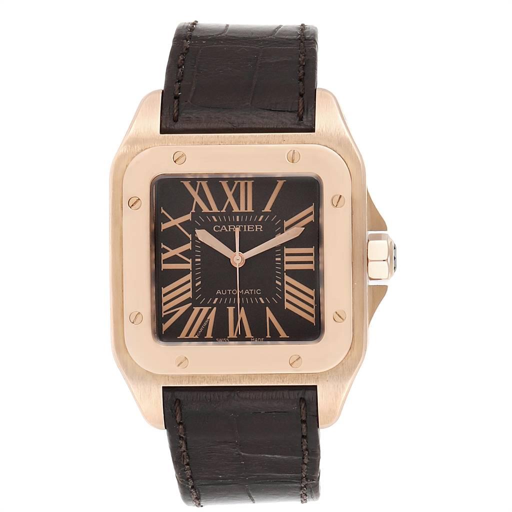 Cartier Santos 100 38mm Rose Gold Chocolate Dial Mens Watch W20127Y1. Automatic self-winding movement. 18K rose gold case 38.0 x 38.0mm.Octagonal crown set with the faceted sapphire. 18K rose gold bezel punctuated with 8 signature screws. Scratch