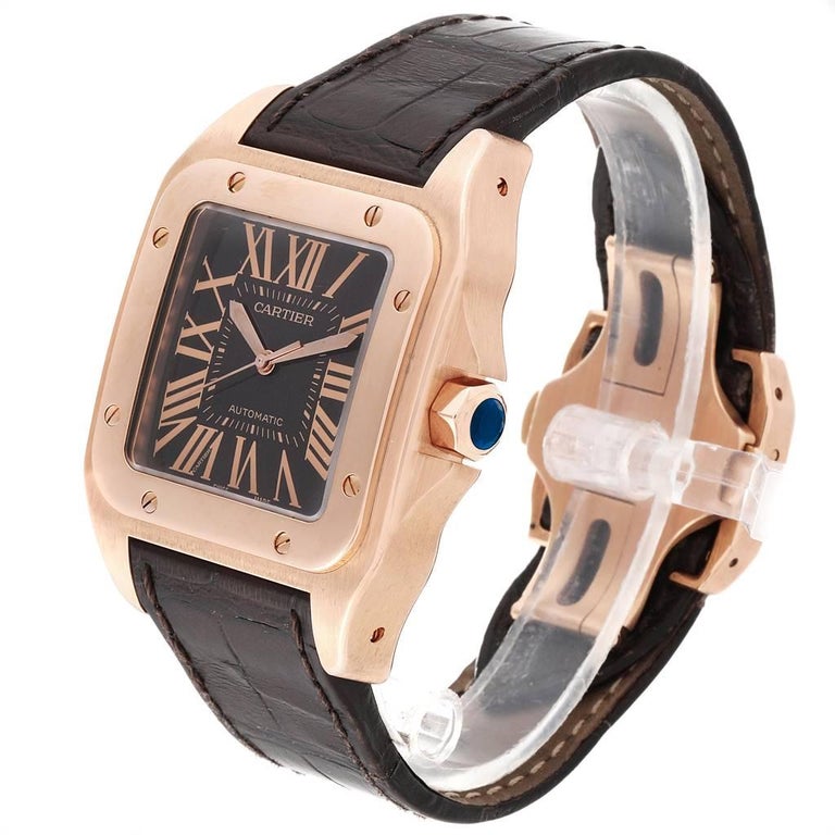 Cartier Santos 100 Rose Gold Chocolate Dial Men S Watch W20127y1 At 1stdibs