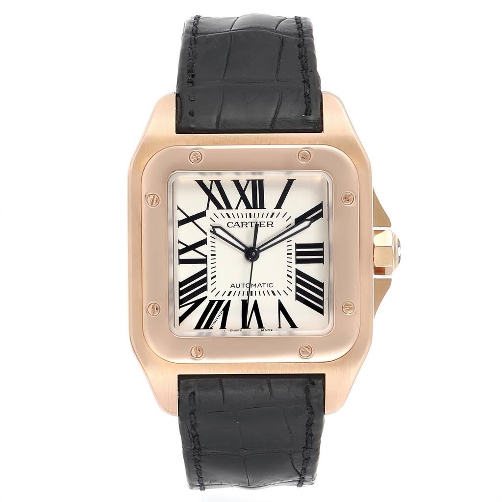 Cartier Santos 100 38mm Rose Gold Silver Dial Mens Watch W20095Y1. Automatic self-winding movement. 18K rose gold case 38.0 x 38.0mm.Octagonal crown set with the faceted sapphire. 18K rose gold bezel punctuated with 8 signature screws. Scratch