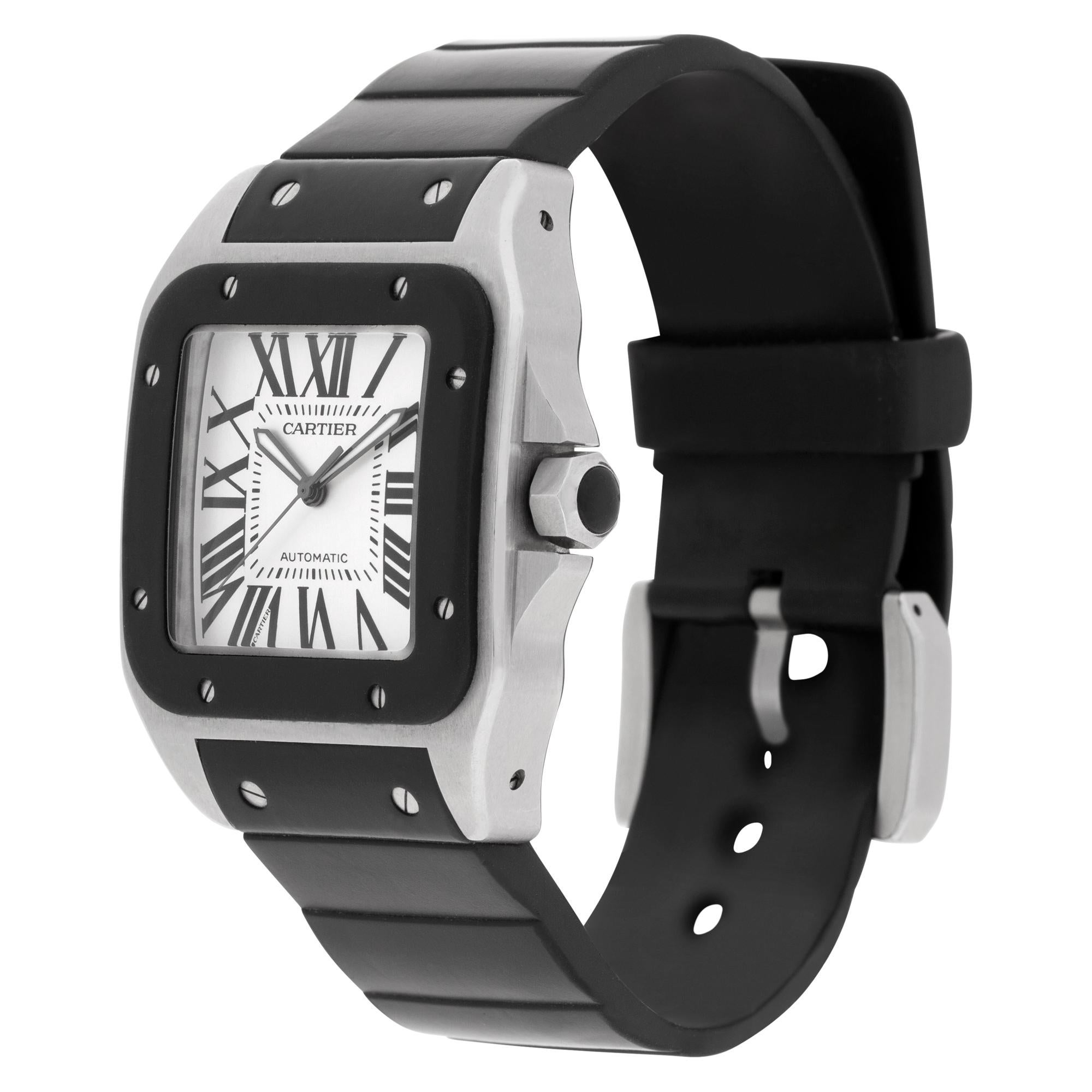 Cartier Santos 100 in stainless steel with rubber coated bezel and rubber strap with tang buckle. Auto w/ sweep seconds. 38 mm case size. Ref W20121U2. Serviced by Cartier 12/15/2021- Circa 2010s. Fine Pre-owned Cartier Watch. Certified preowned