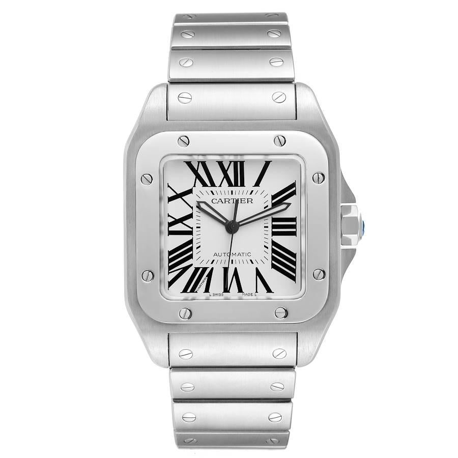 Cartier Santos 100 Automatic Large Steel Mens Watch W200737G Box Papers. Automatic self-winding movement. Three body brushed stainless steel case 38 mm x 51 mm. Stainless steel protected octagonal crown set with a faceted spinel. Polished stainless