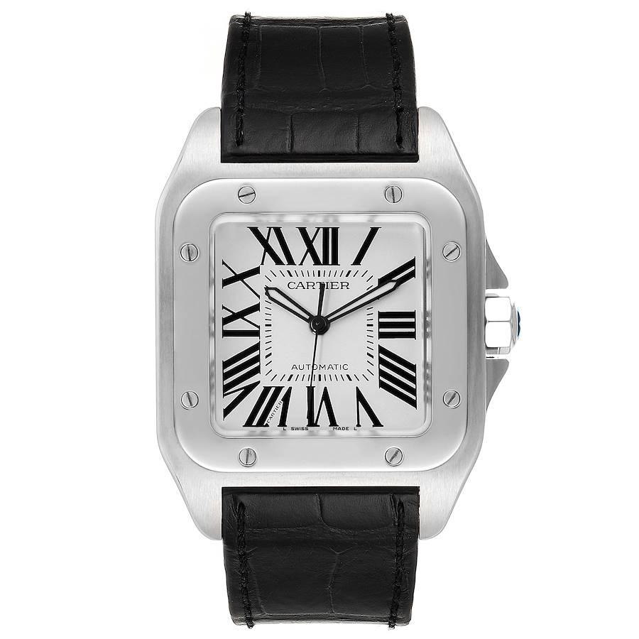Cartier Santos 100 Black Strap Steel Mens Watch W20073X8 Papers. Automatic self-winding movement caliber 049. Stainless steel case 38.0 x 38.0 mm. Protected octagonal crown set with the faceted spinel. Stainless steel bezel punctuated with 8