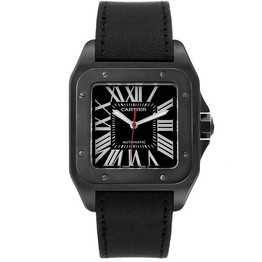 Cartier Santos 100 Carbon ADLC Coated Steel Mens Watch WSSA0006. Automatic self-winding movement caliber 1847 MC. ADLC coated stainless steel case 51.1mm X 41.3mm . Protected octagonal crown set with the faceted spinel. ADLC coated stainless steel