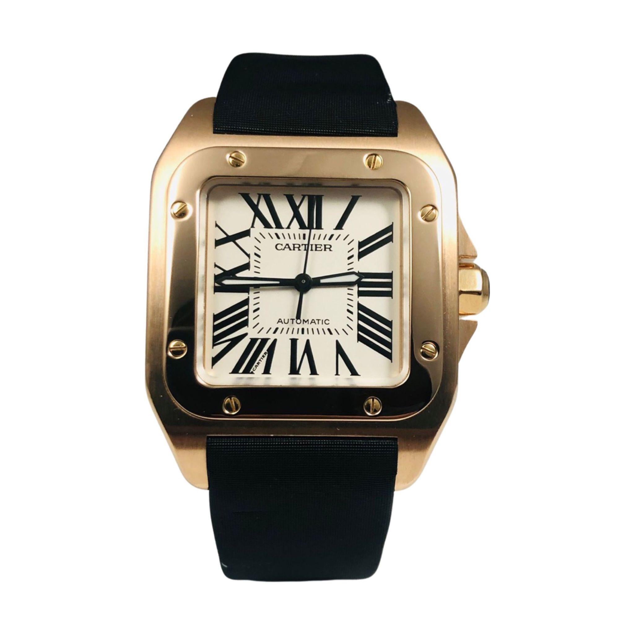 Cartier Santos 100 Large 18k Rose Gold Ref. W20095Y1 Textile Bracelet Watch 1