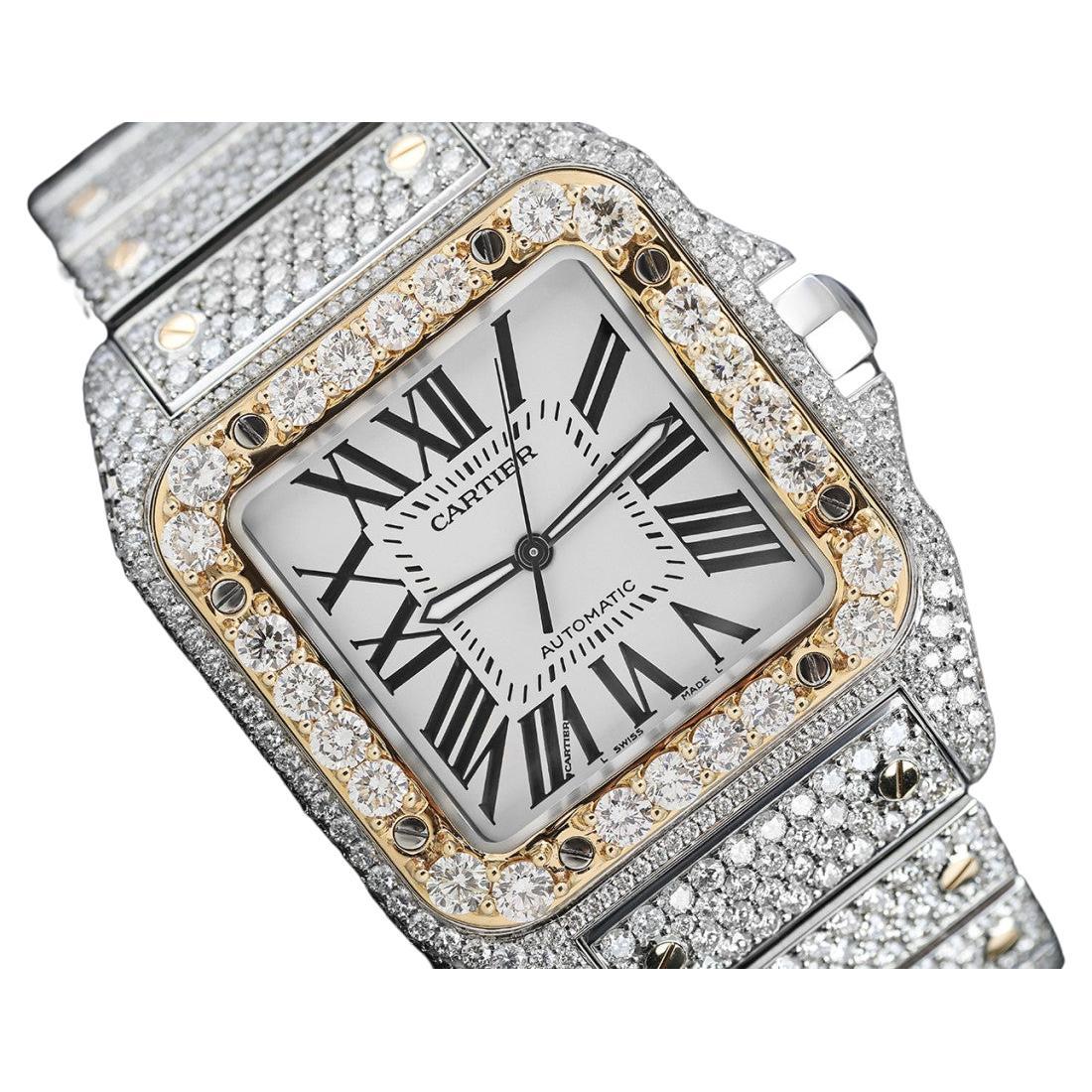 Cartier Santos 100 Große Automatikuhr mit zweifarbigem Diamanten, W200728G im Angebot