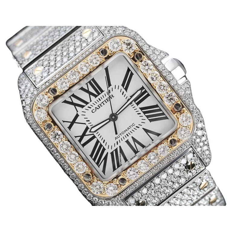 Cartier Santos 100 Große Automatikuhr mit zweifarbigem Diamanten, W200728G  im Angebot bei 1stDibs | cartier uhr damen mit diamanten