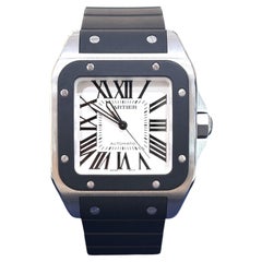 Cartier Santos 100 Großes Modell Schwarzer Gummi Silbernes Zifferblatt 2656 W20121U2