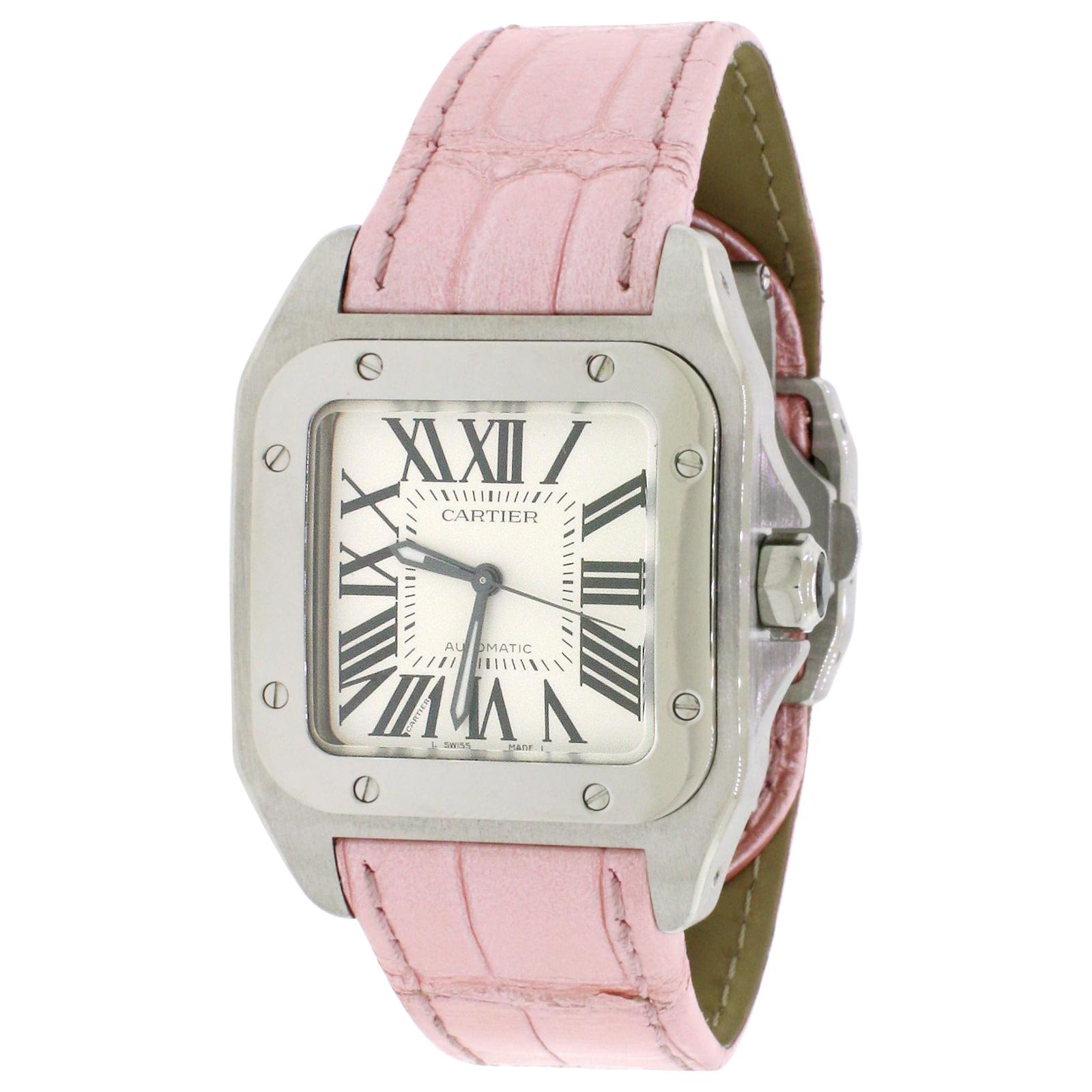 Cartier Santos 100 Medium Silver Roman Dial Steel Women's Watch WM501751 For Sale