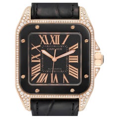 Cartier Santos 100 Midsize Rose Gold Black Dial Diamond Mens Watch WM505017