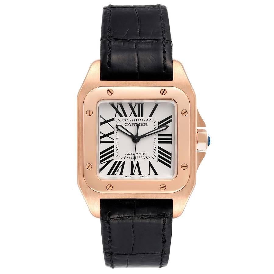 Cartier Santos 100 Midsize Rose Gold Silver Dial Mens Watch W20108Y1 Box Card. Automatic self-winding movement. 18K rose gold case 33.0 x 33.0mm.  Octagonal crown set with the faceted sapphire. 18K rose gold bezel punctuated with 8 signature screws.
