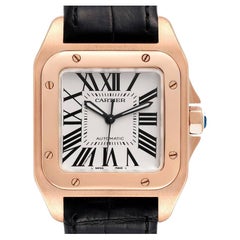 Used Cartier Santos 100 Midsize Rose Gold Silver Dial Mens Watch W20108Y1 Box Card