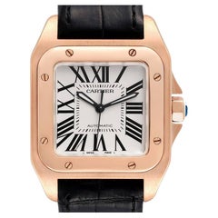 Cartier Santos 100 Midsize Rose Gold Silver Dial Mens Watch W20108Y1 Box Card