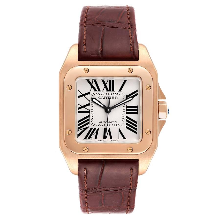 Cartier Santos 100 Midsize Rose Gold Silver Dial Mens Watch W20108Y1. Automatic self-winding movement. 18K rose gold case 33.0 x 33.0mm.  Octagonal crown set with the faceted sapphire. 18K rose gold bezel punctuated with 8 signature screws. Scratch