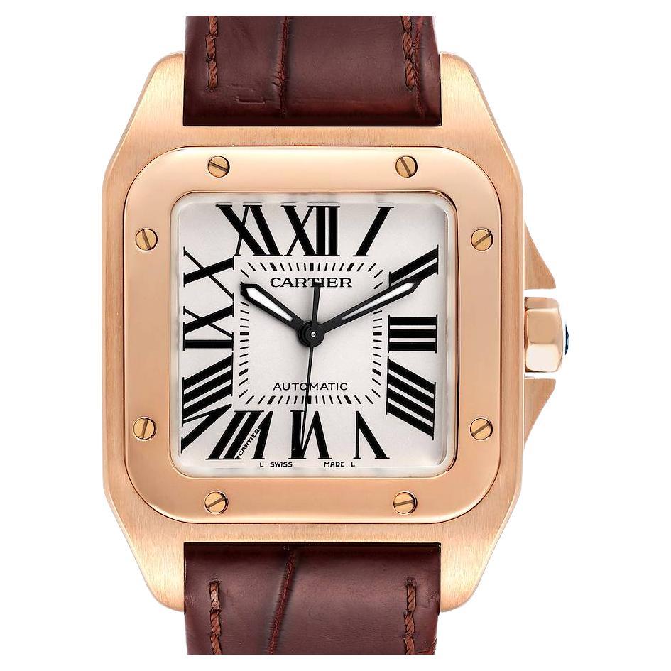 Cartier Santos 100 Midsize Rose Gold Silver Dial Mens Watch W20108Y1