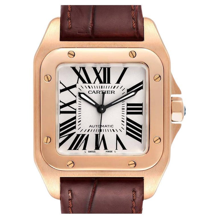 Orologio Cartier Santos 100 Midsize Oro Rosa Quadrante Argento