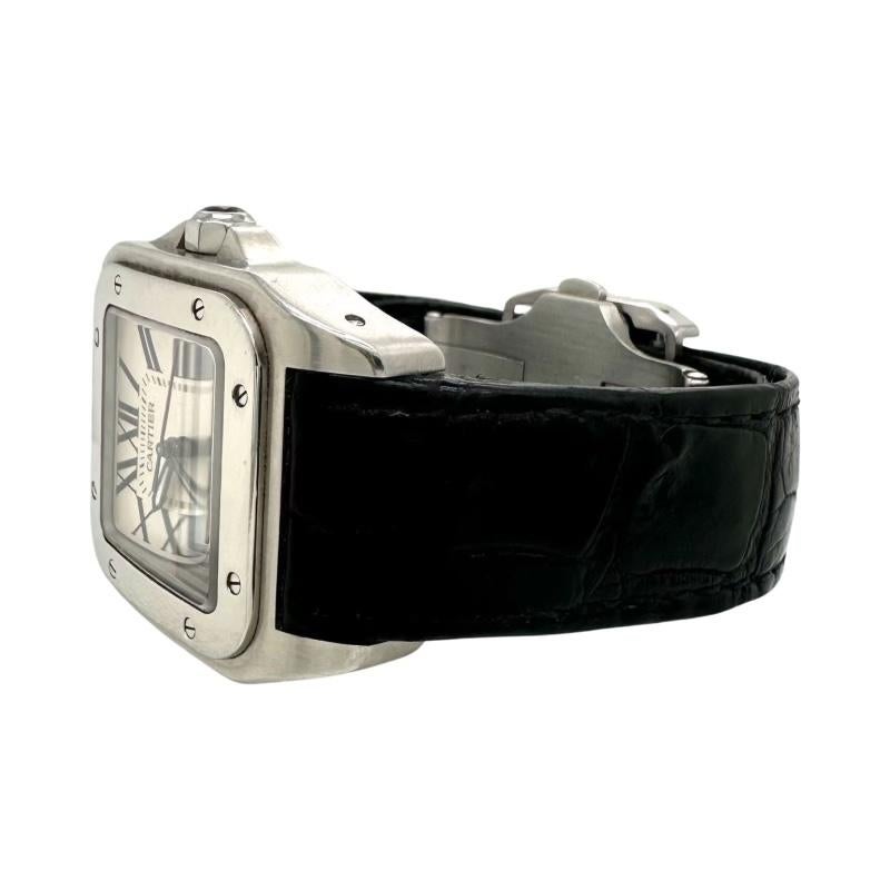 Cartier Santos 100 Midsize Stainless Steel with Crocodile Leather Strap For Sale 1