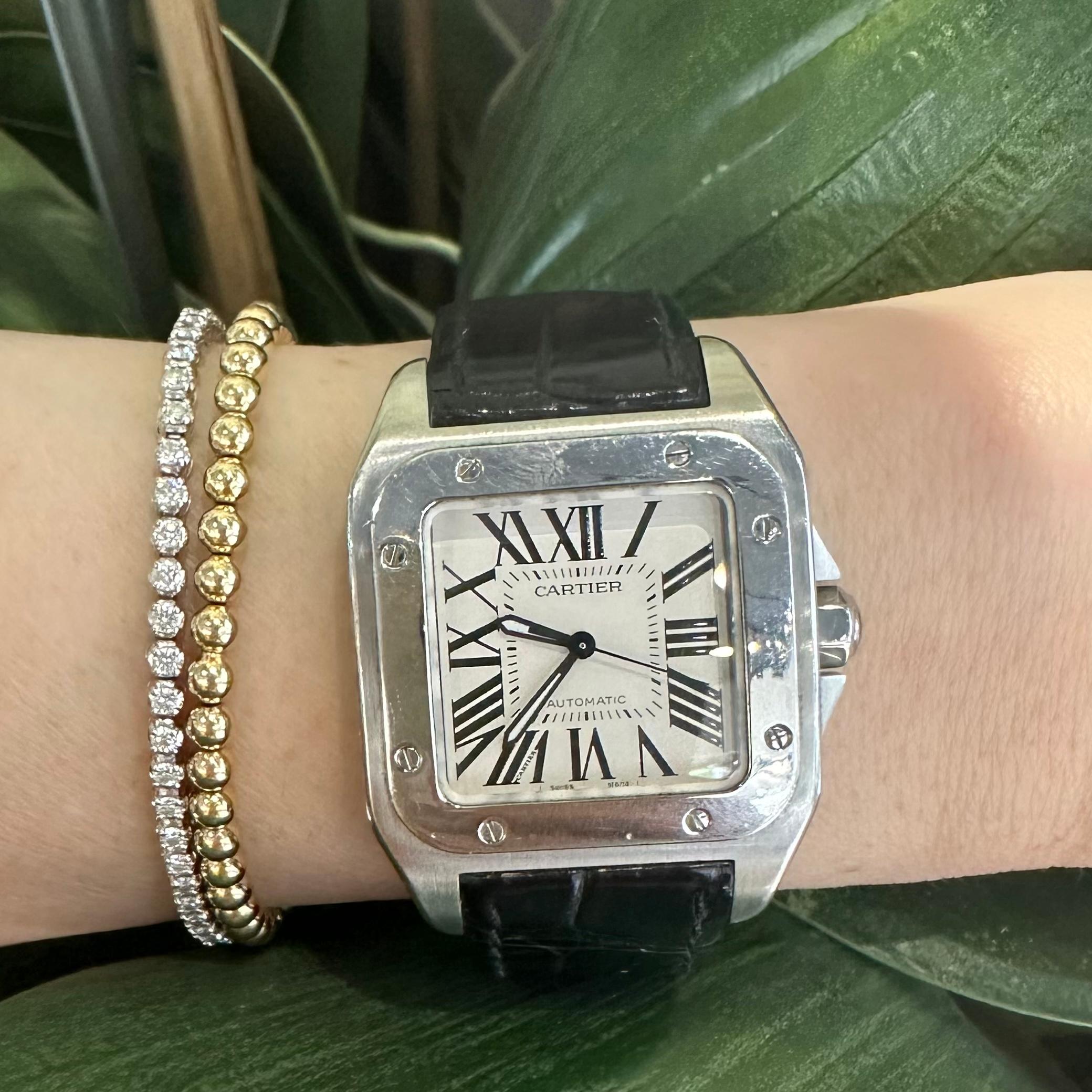 Women's or Men's Cartier Santos 100 Midsize Stainless Steel with Crocodile Leather Strap For Sale