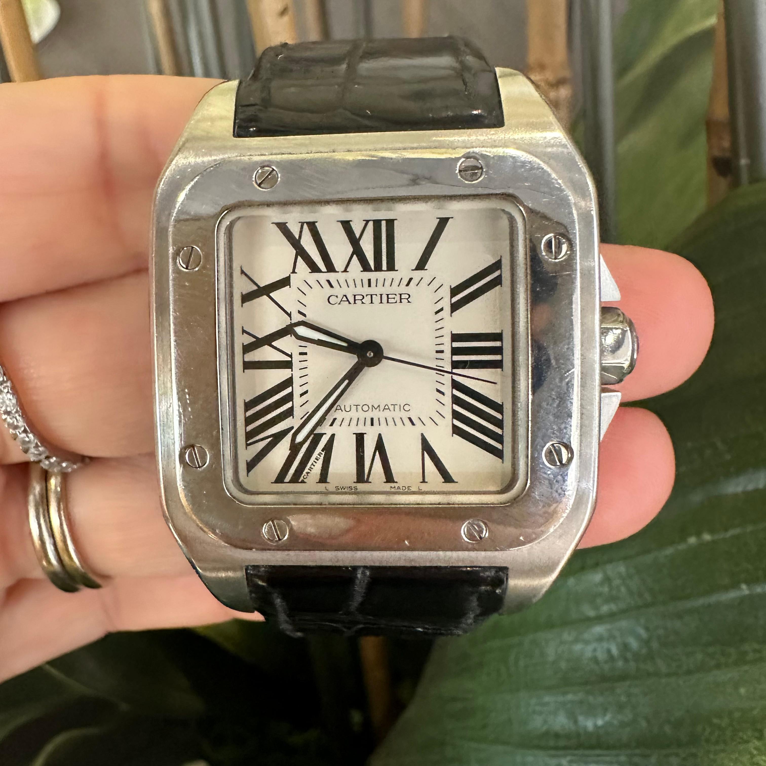 Women's or Men's Cartier Santos 100 Midsize Stainless Steel with Crocodile Leather Strap For Sale