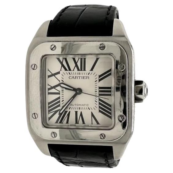 Cartier Santos 100 Midsize Stainless Steel with Crocodile Leather Strap For Sale
