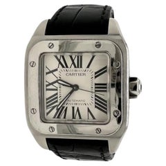 Cartier Santos 100 Midsize-Edelstahl mit Krokodillederriemen aus Edelstahl