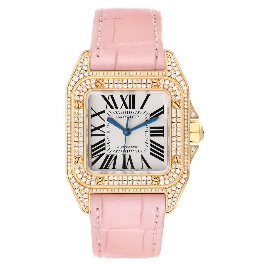 Cartier Santos 100 Midsize Yellow Gold Diamond Ladies Watch WM502051. Automatic self-winding movement. 18K yellow gold case 33.0 x 33.0mm.  Octagonal crown set with a diamond. 18K yellow gold original Cartier diamond bezel punctuated with 8