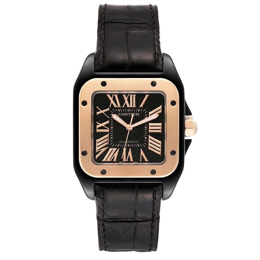 Cartier Santos 100 PVD Steel Rose Gold Midsize Mens Watch W2020009. Automatic self-winding movement. PVD coated stainless steel 33.0 mm case. Protected octagonal crown set with the faceted spinel. 18K rose gold bezel punctuated with 8 signature