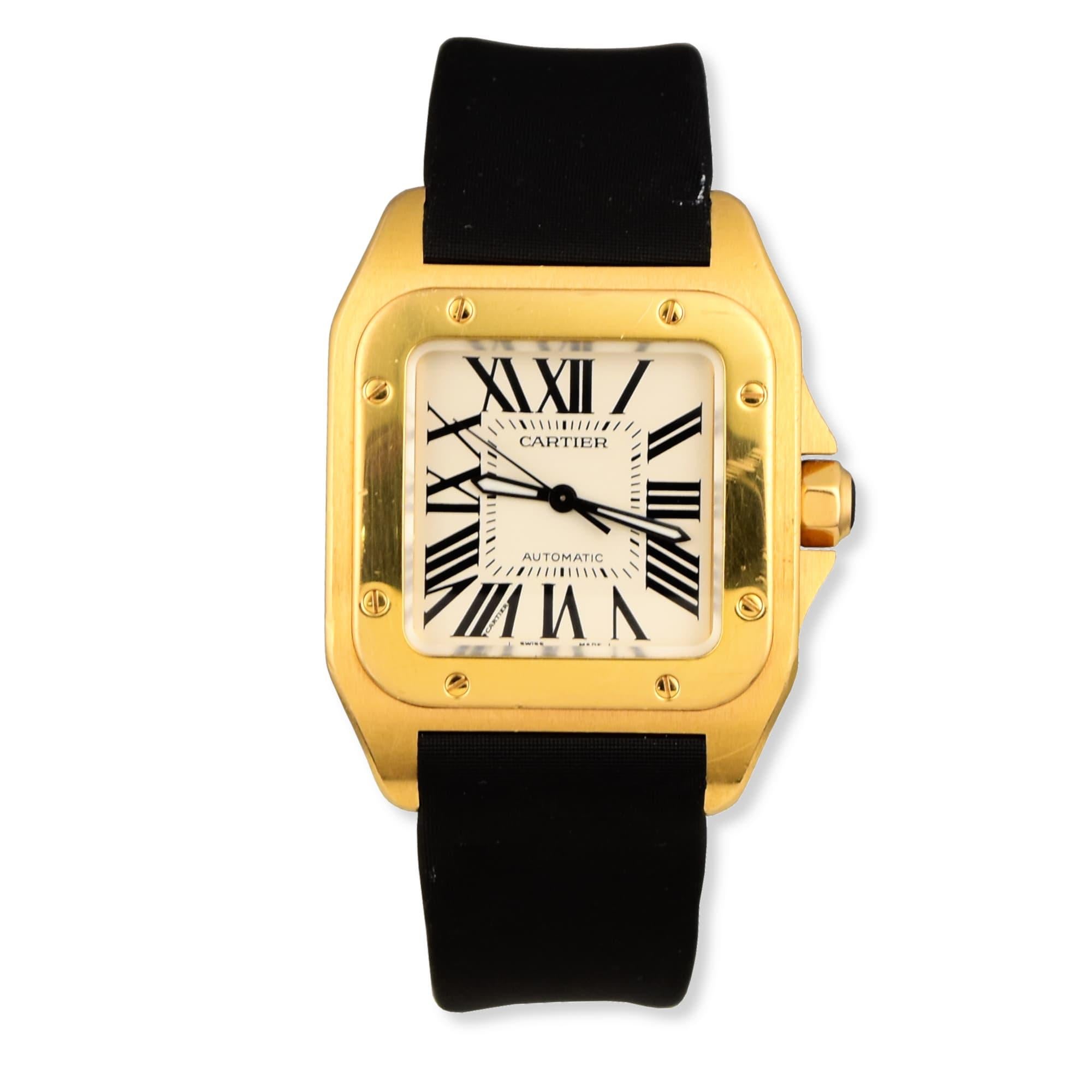 Brand: Cartier

Model Name:  Santos 100 Medium

Movement: Automatic

Case Size: 33 mm

Case Back: Solid

Case Material: 18k Yellow Gold

Bezel: 18k Yellow Gold

Dial: Cream

Bracelet:  Black Satin Strap

Hour Markers: Roman Numerals

Features: