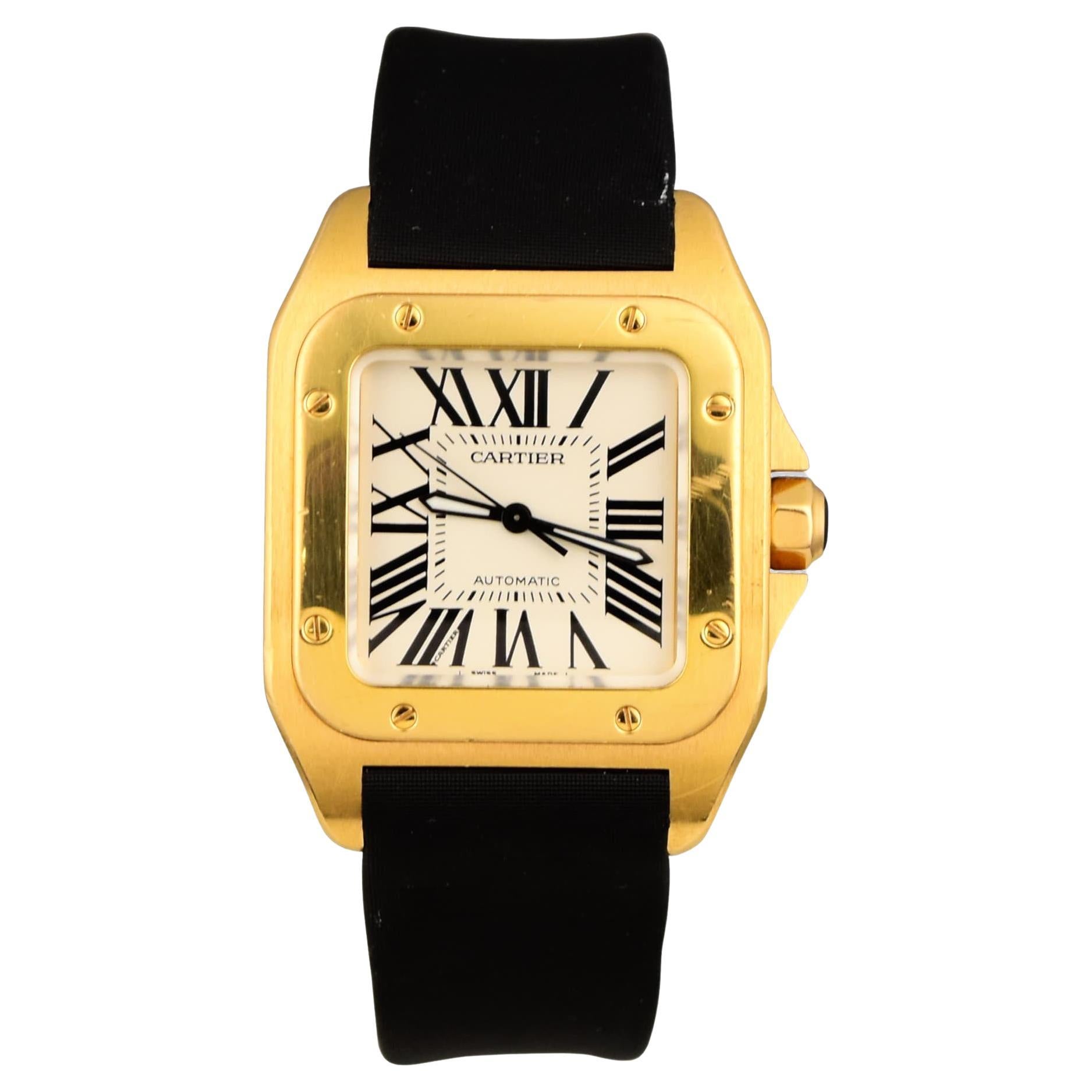 Cartier Montre Santos 100 réf. 2879 en or rose 18 carats avec bracelet en tissu et cadran blanc en vente