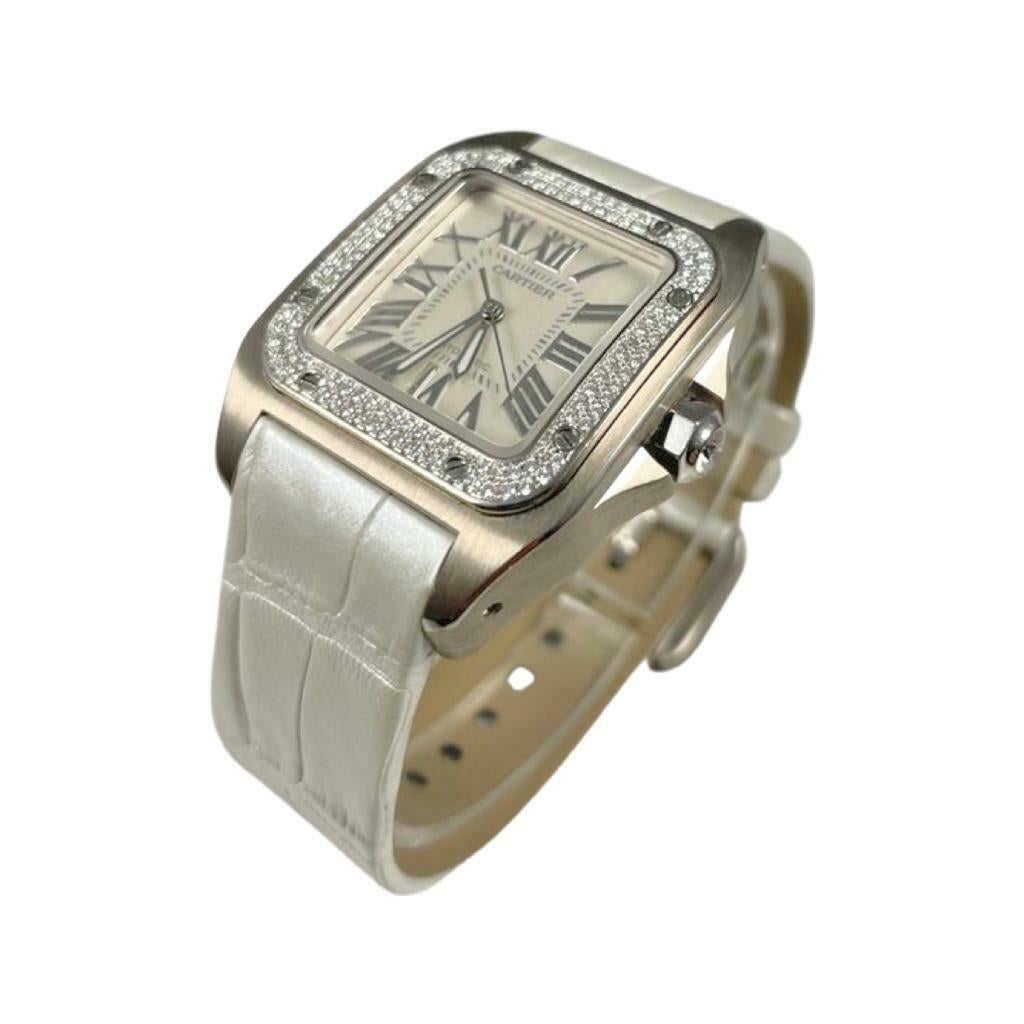 Round Cut Cartier Santos 100 Ref. 2881 Gold Factory Diamond Bezel 33MMWatch For Sale