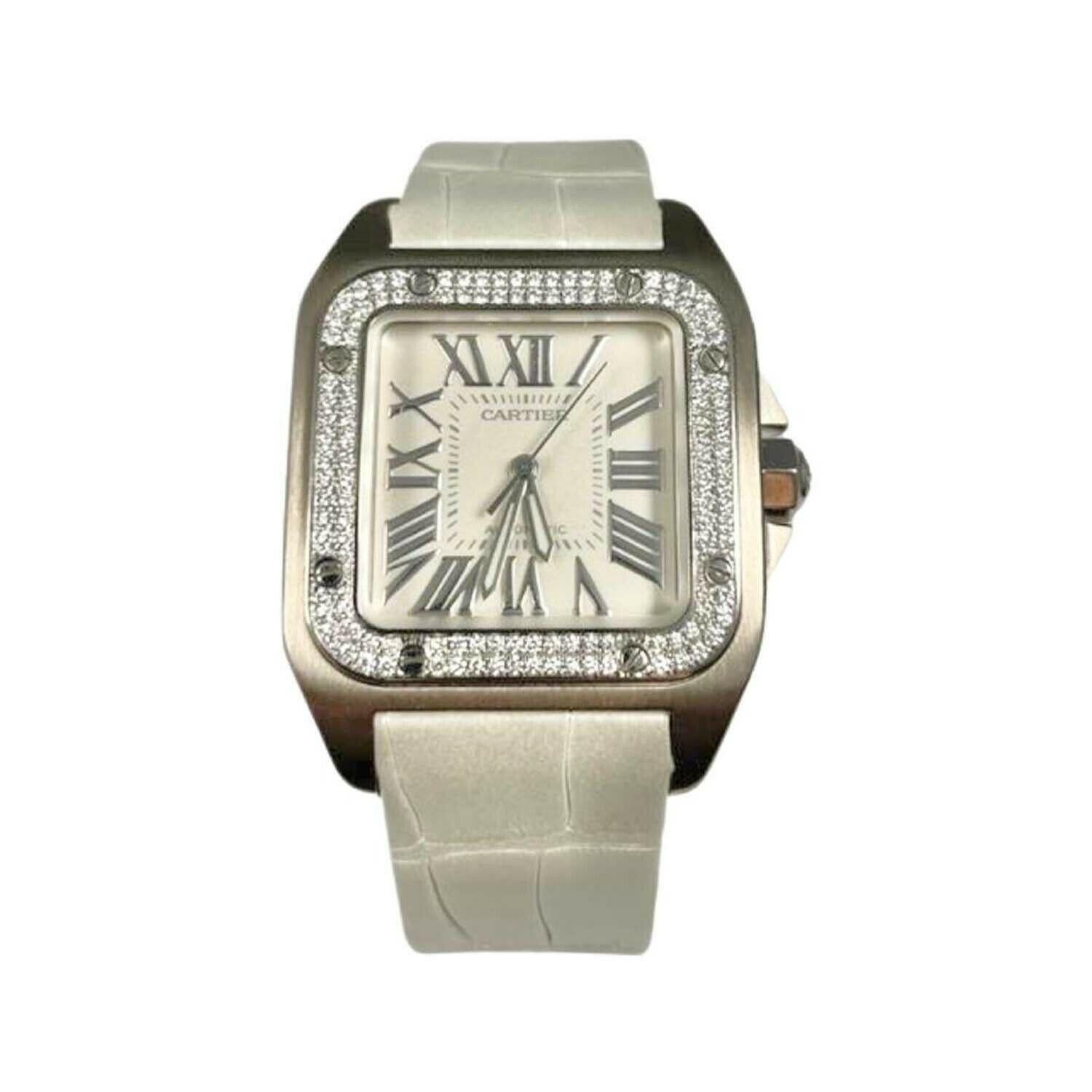 ITEM SPECIFICATIONS:

Brand: Cartier

Model Name: Santos 100

Model Number: 2881

Movement: Automatic

Case Size: 33 mm

Case Back: Closed

Case Material: 18k White Gold

Bezel: Diamonds

Dial: White/Silverish

Bracelet: Leather

Hour Markers: Roman