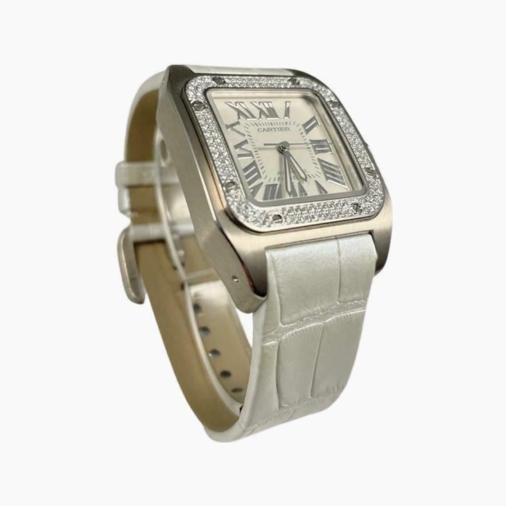 Cartier Santos 100 Bracelet en cuir et or blanc 18 carats avec lunette en diamants, réf. 2881 Pour femmes 