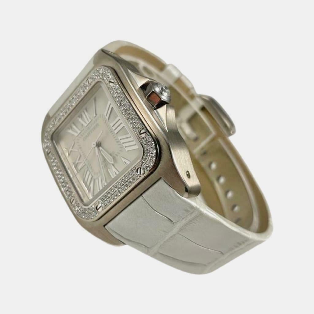 Round Cut Cartier Santos 100 Ref. 2881 in 18k White Gold Leather Bracelet Diamond Bezel For Sale