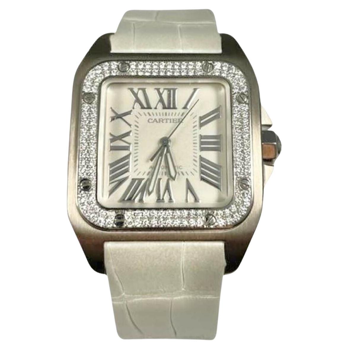 Cartier Santos 100 Ref. 2881 in 18k White Gold Leather Bracelet Diamond Bezel For Sale